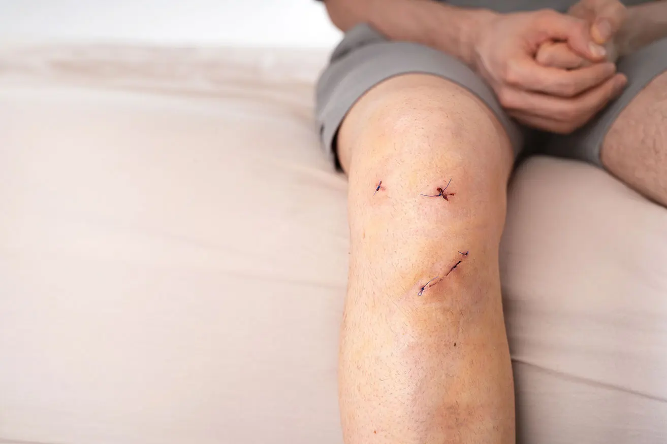 A man sitting on his bed after ACL surgery