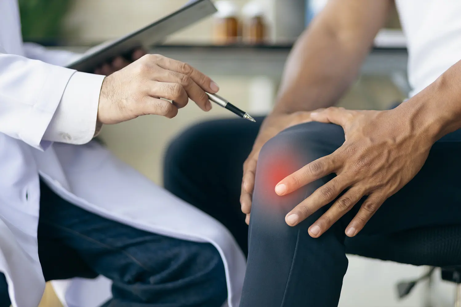 A patient receiving a consultation for an injured tendon.